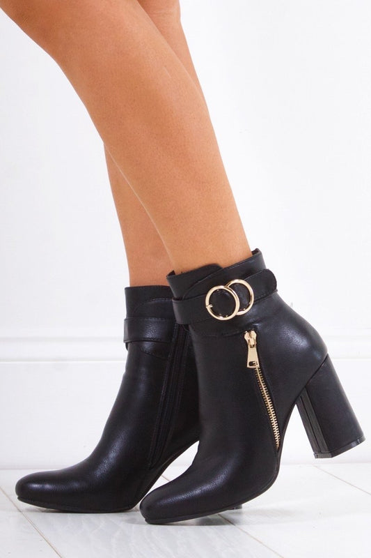 Narelle Black Emblem Ankle Boots With Gold Detail