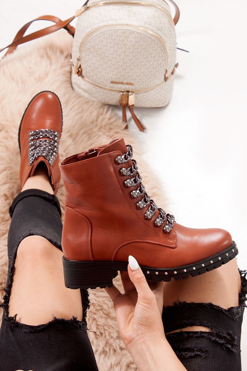 Natalia Brown Chain Strap Detail Biker Boots