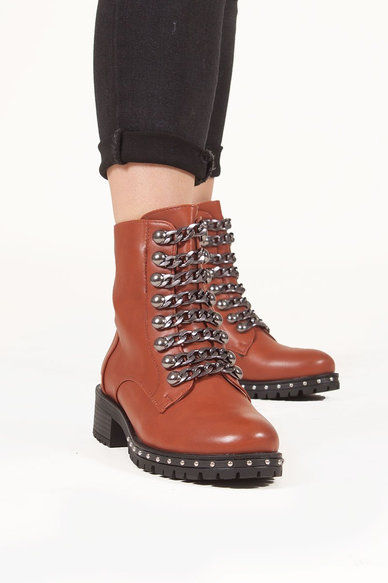 Natalia Brown Chain Strap Detail Biker Boots