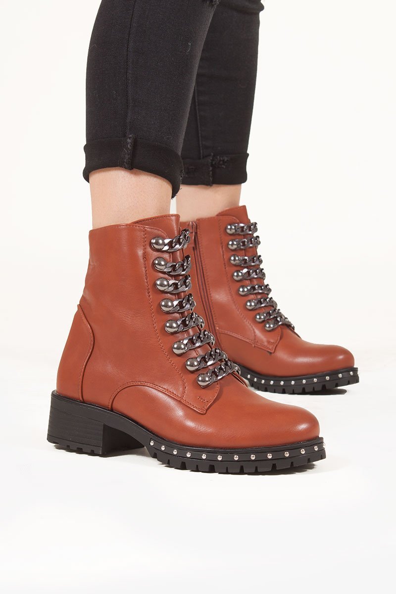 Natalia Brown Chain Strap Detail Biker Boots