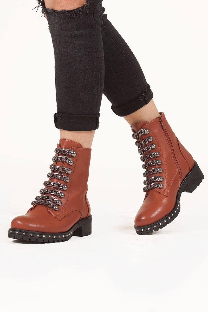 Natalia Brown Chain Strap Detail Biker Boots