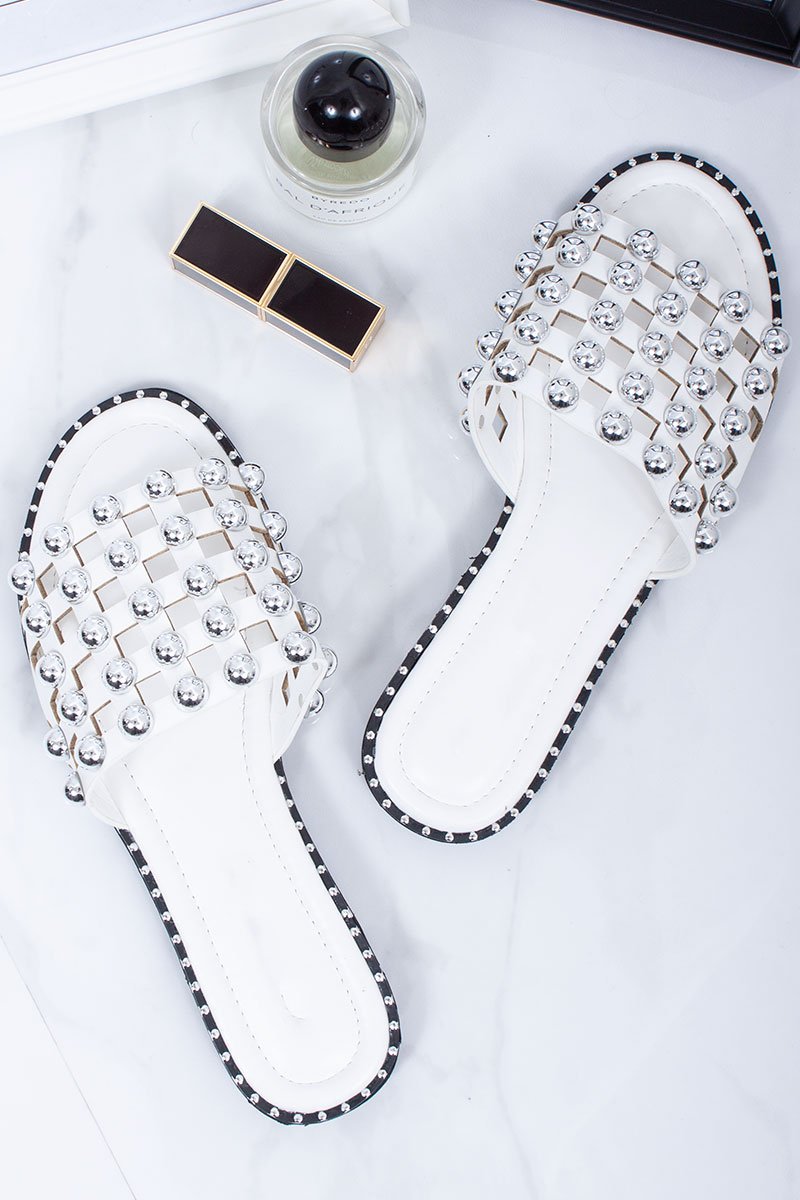 Natalya White Cage Silver Stud Detail Mule Slider Sandals