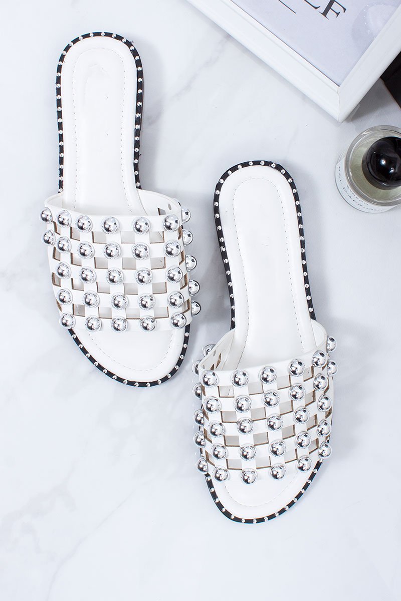 Natalya White Cage Silver Stud Detail Mule Slider Sandals