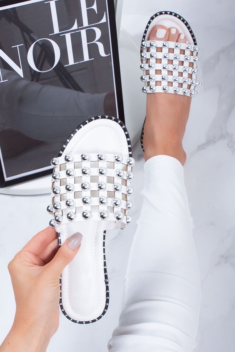 Natalya White Cage Silver Stud Detail Mule Slider Sandals