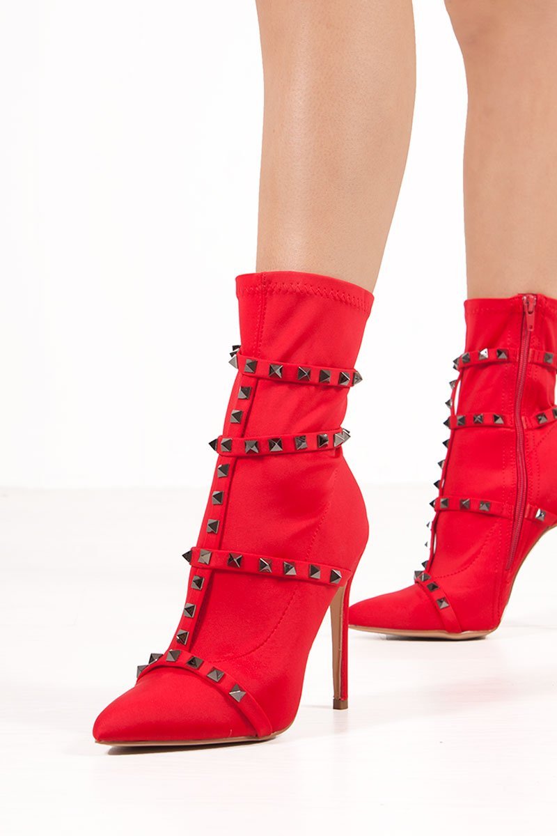 Neicha Red Studded Detail Lycra Sock Boots