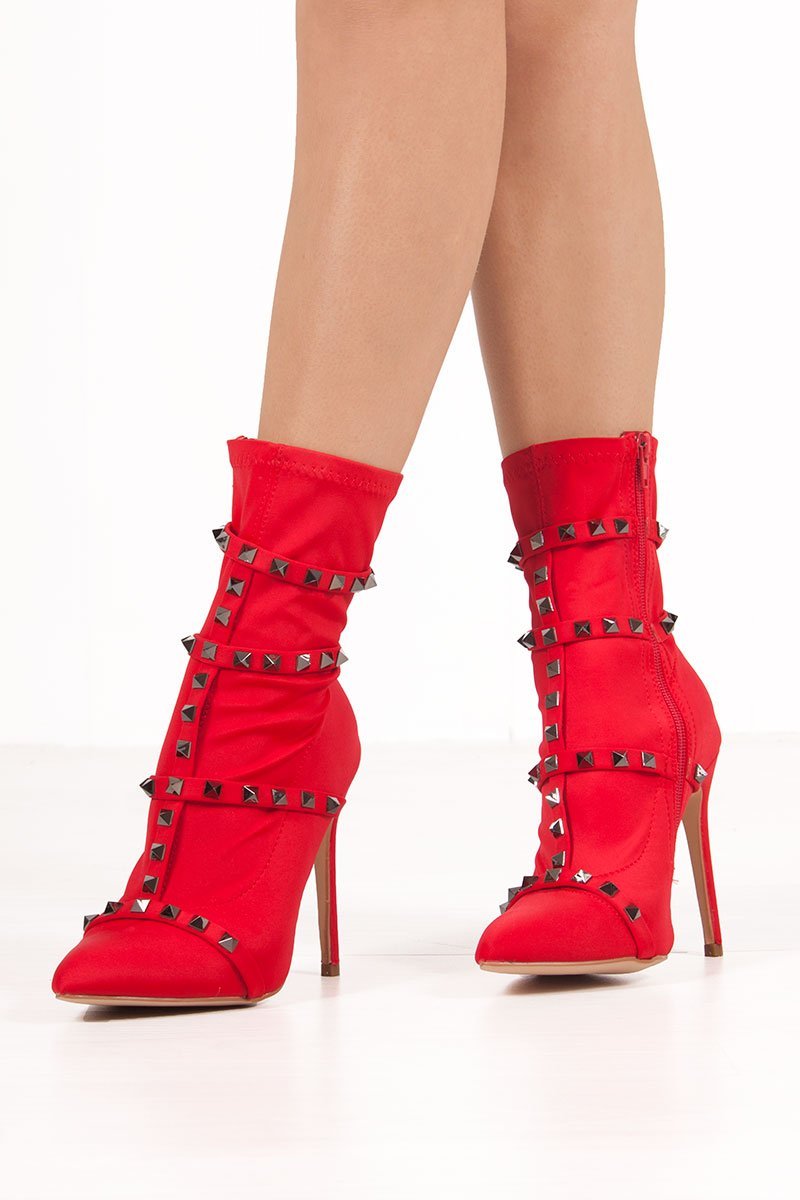 Neicha Red Studded Detail Lycra Sock Boots