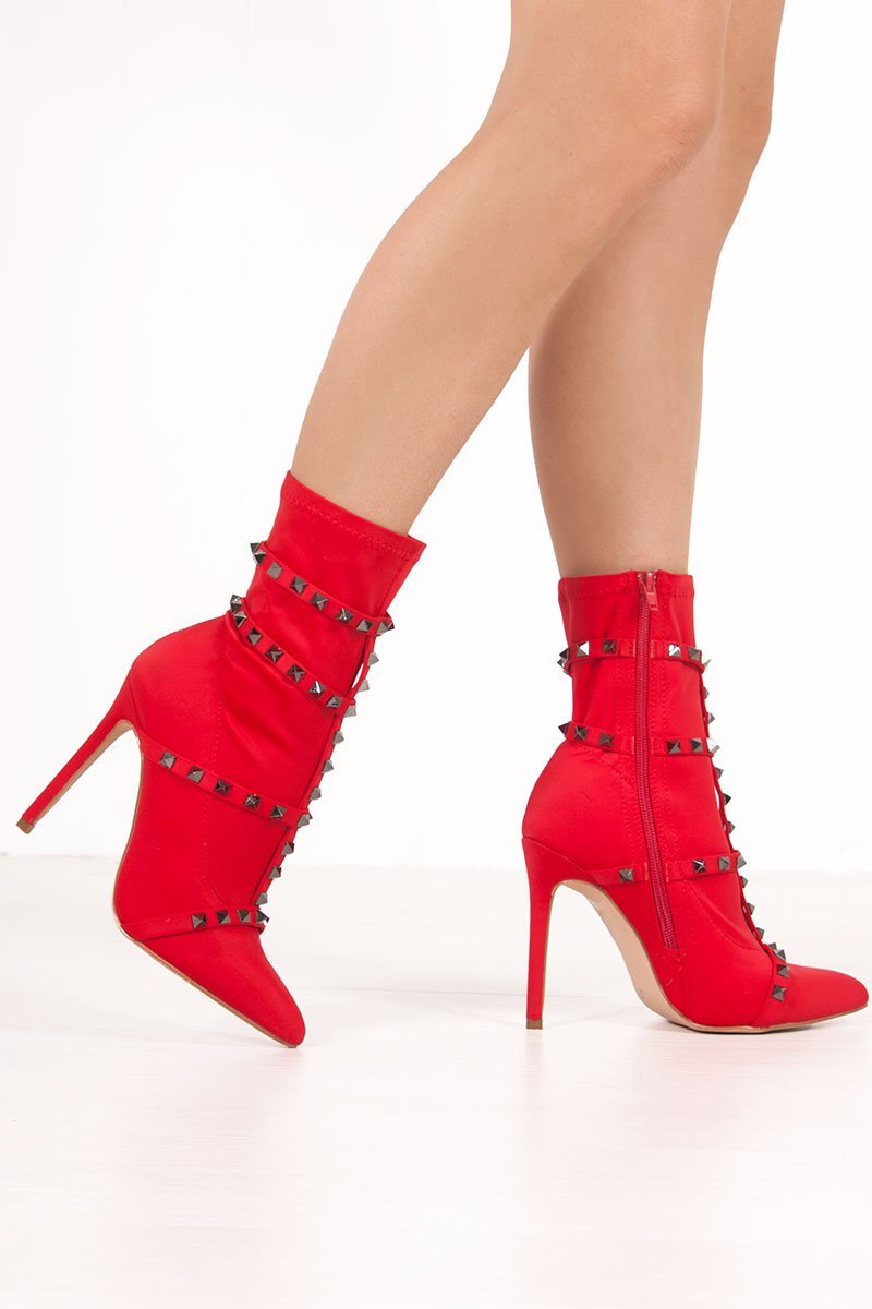 Neicha Red Studded Detail Lycra Sock Boots