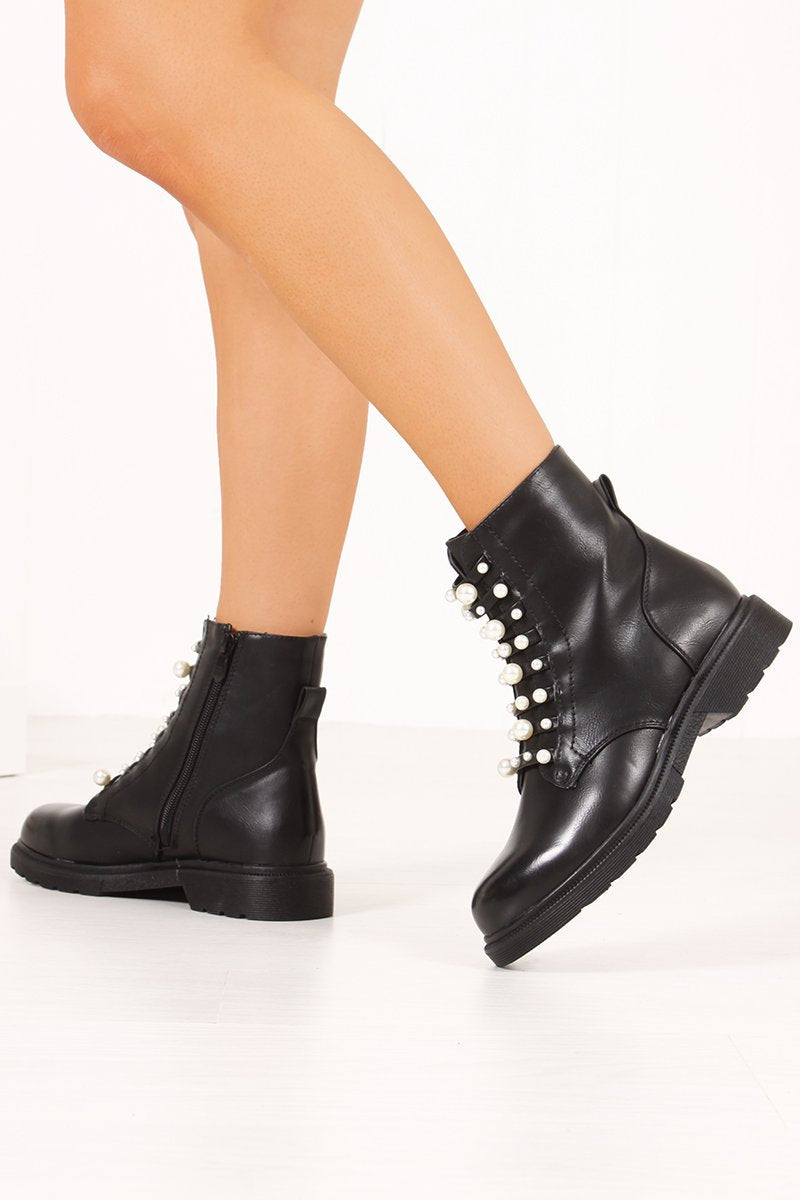 Nyla Black Pearl Strap Ankle Boots