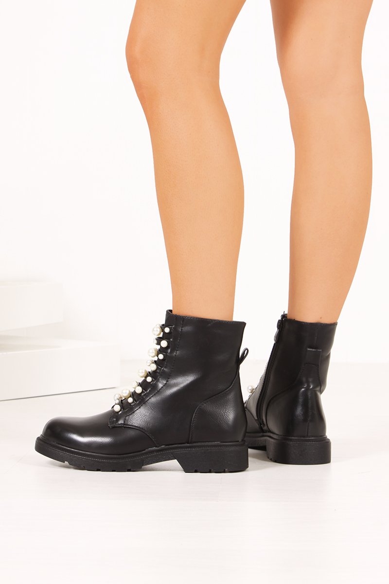 Nyla Black Pearl Strap Ankle Boots