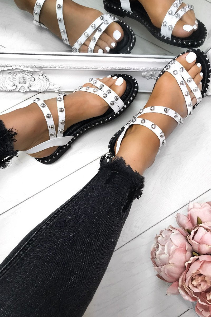 Olivia White Studded Strap Sandals