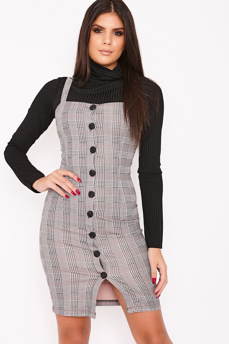 Paloma Light Grey Checked Button Through Bodycon Dress