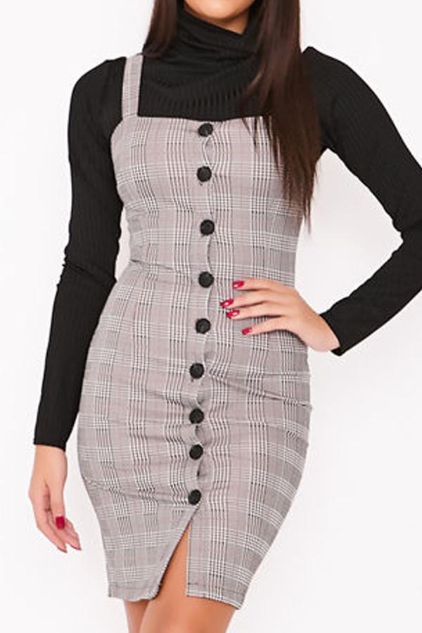 Paloma Light Grey Checked Button Through Bodycon Dress