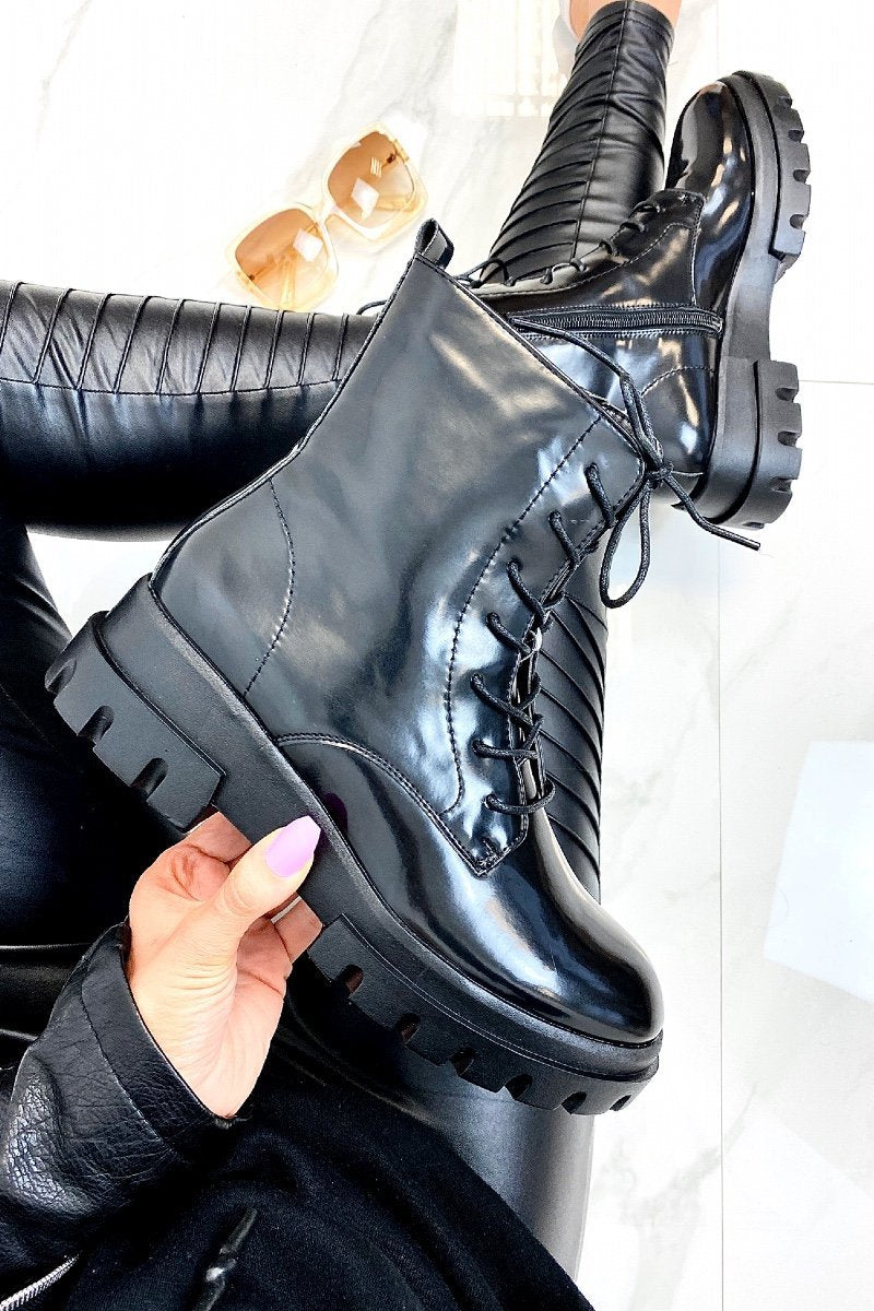 Payton Black High Shine Chunky Track Sole Ankle Boots