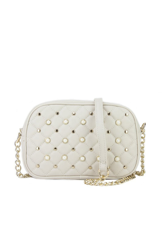 Pearl Beige Quilted Stud Shoulder Bag