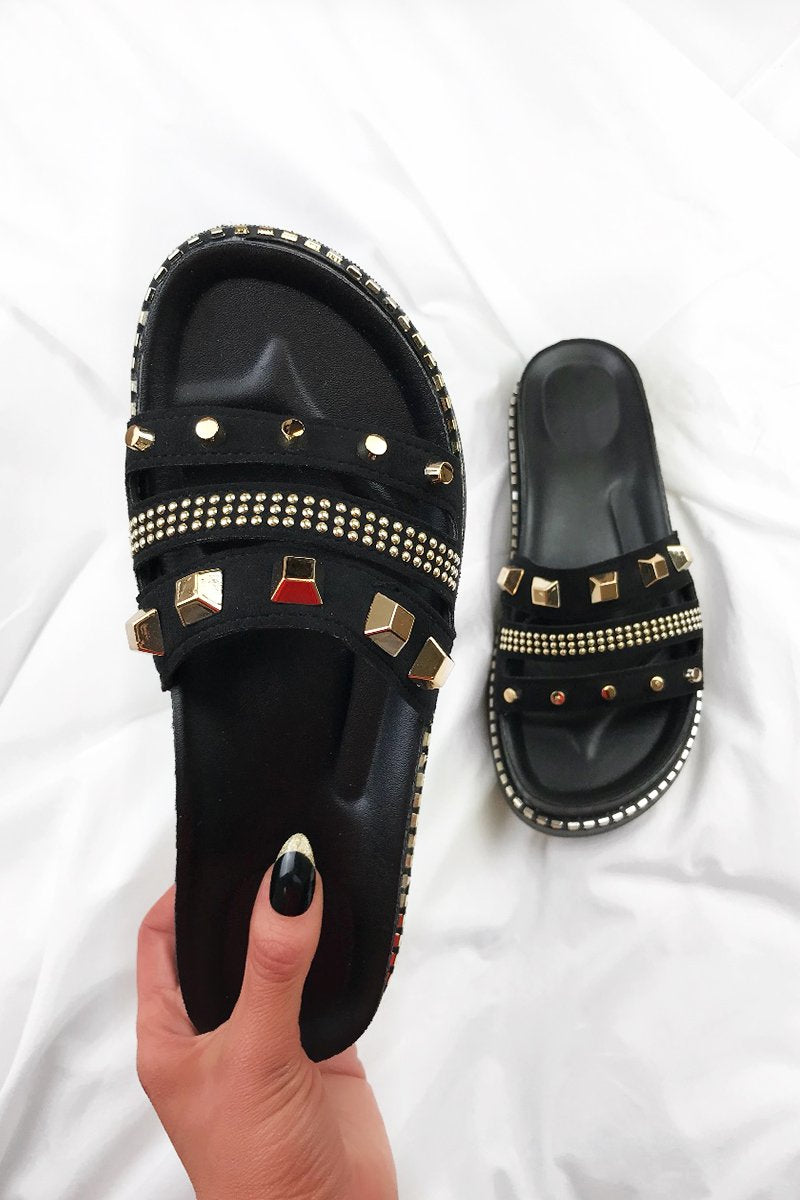 Pella Black Stud Sliders With Gold Detail