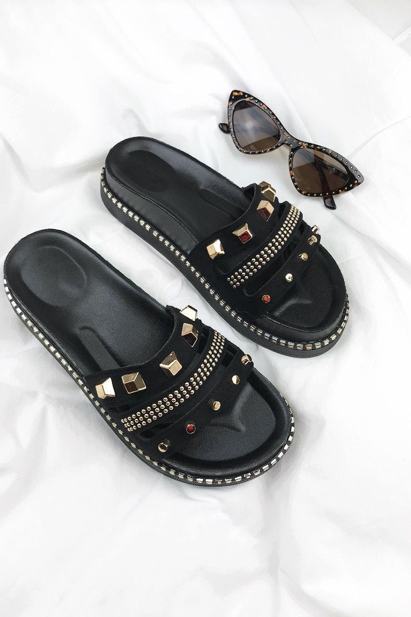 Pella Black Stud Sliders With Gold Detail