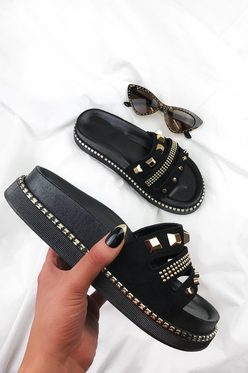 Pella Black Stud Sliders With Gold Detail