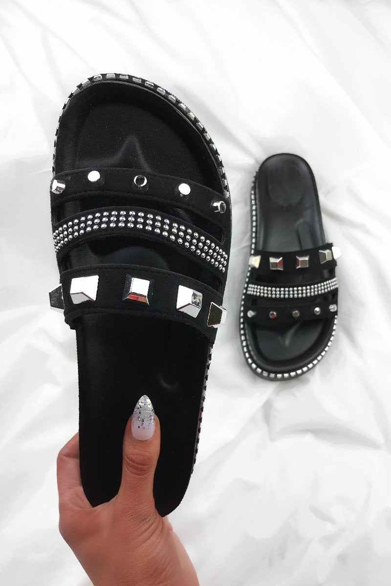 Pella Black Stud Sliders With Silver Detail