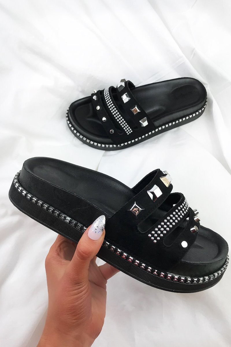 Pella Black Stud Sliders With Silver Detail