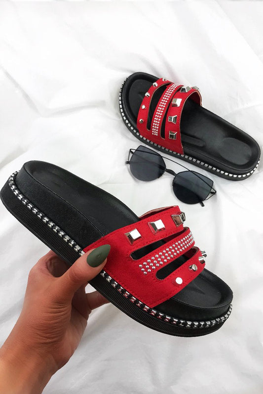 Pella Red Stud Sliders With Silver Detail