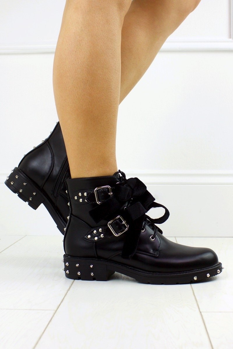 Perla Black Faux Leather Biker Boots