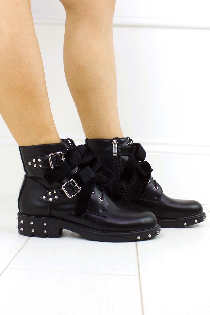 Perla Black Faux Leather Biker Boots