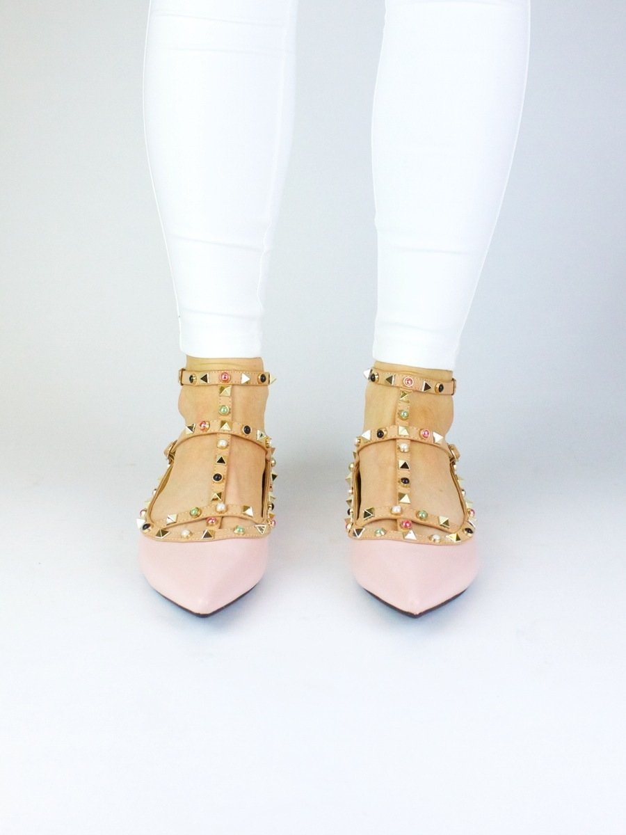 Petra Pink Studded Pointed Toe T-Bar Pumps