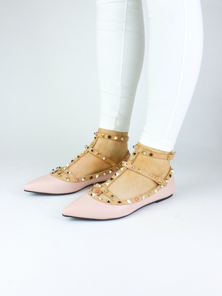 Petra Pink Studded Pointed Toe T-Bar Pumps