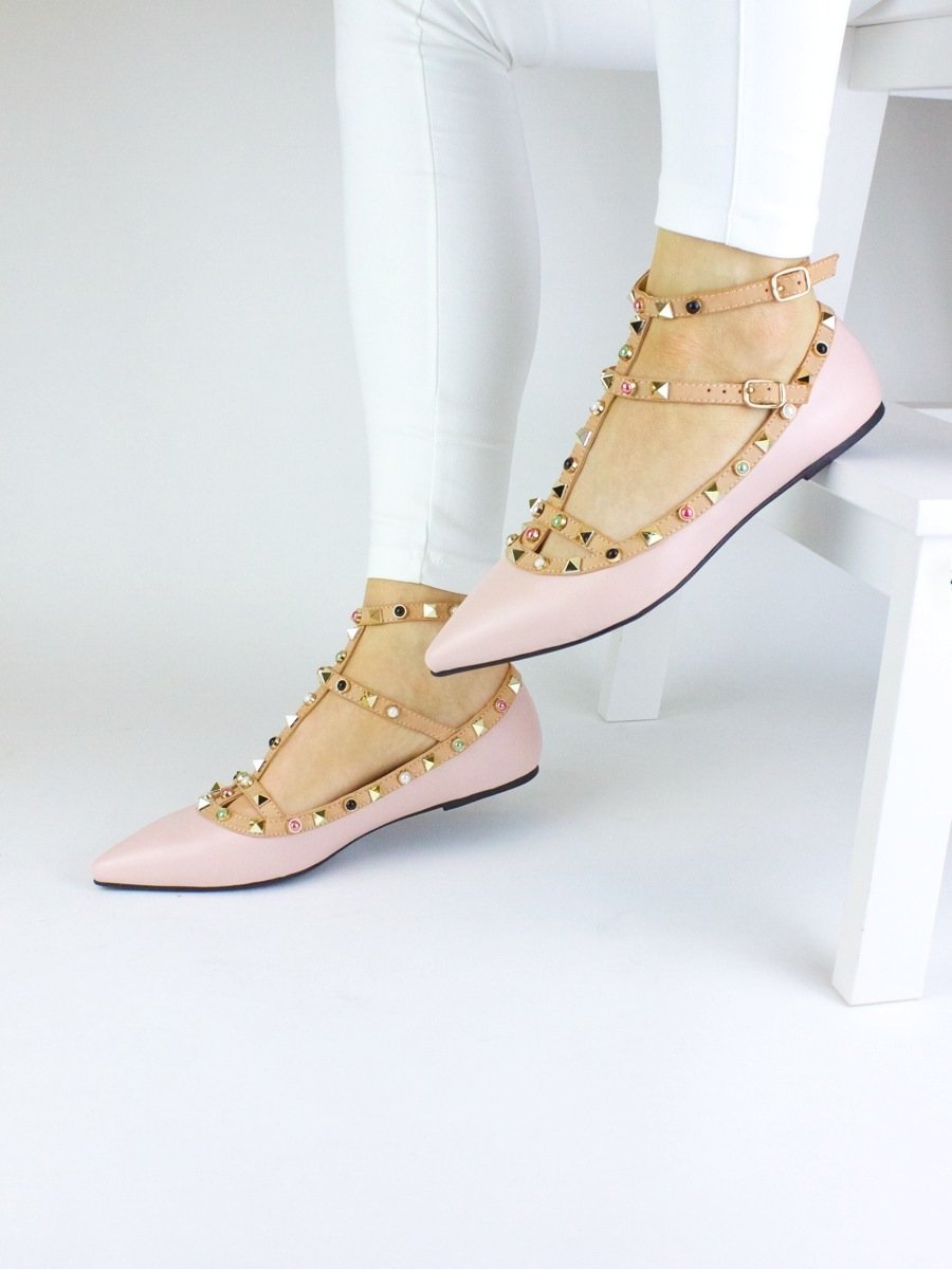 Petra Pink Studded Pointed Toe T-Bar Pumps