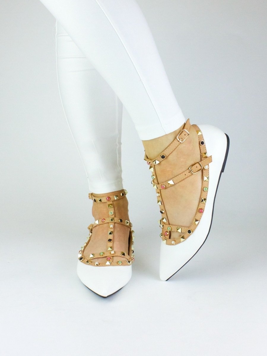 Petra White Studded Pointed Toe T-Bar Pumps