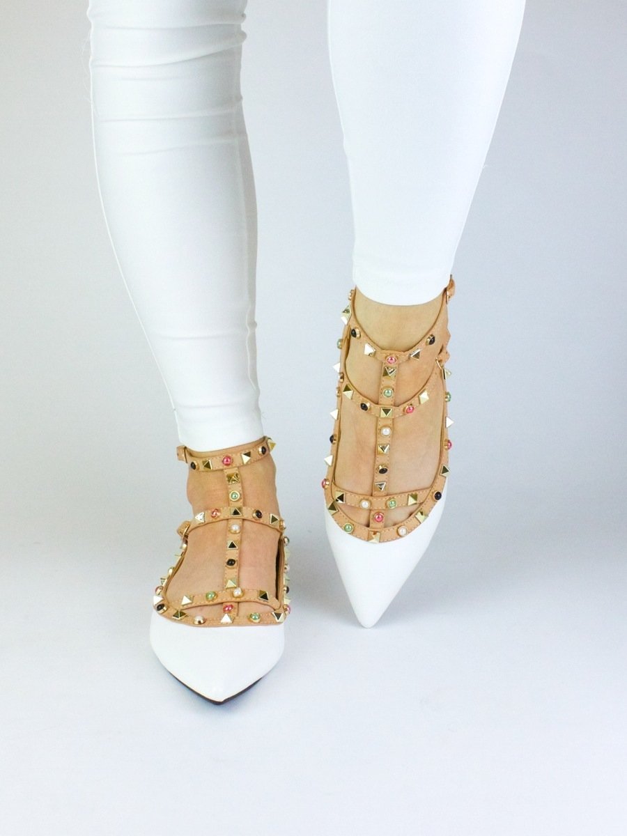 Petra White Studded Pointed Toe T-Bar Pumps