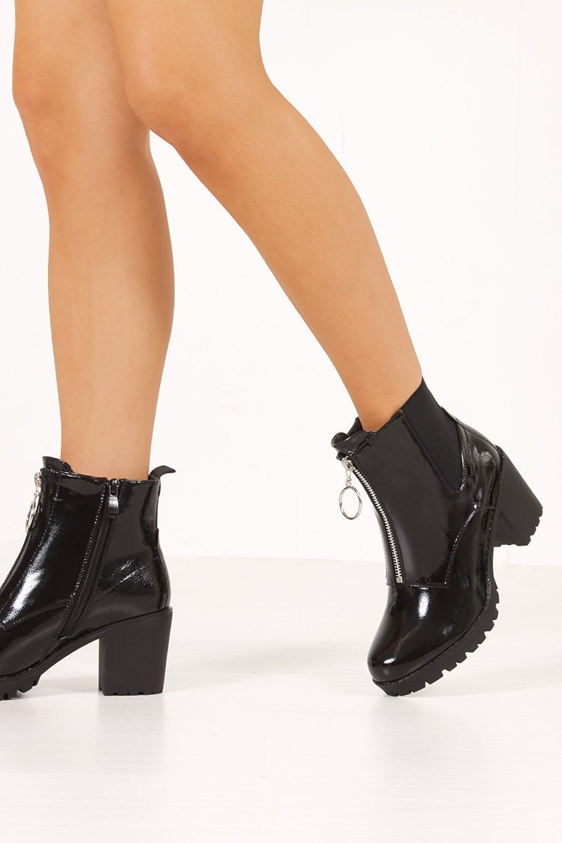 Phoebe Black High Shine Zip Detail Block Heeled Ankle Boots