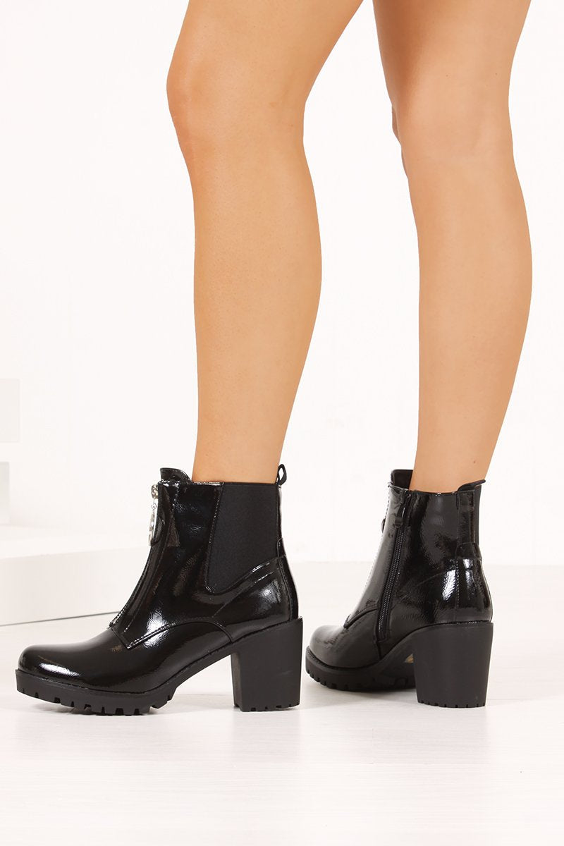 Phoebe Black High Shine Zip Detail Block Heeled Ankle Boots