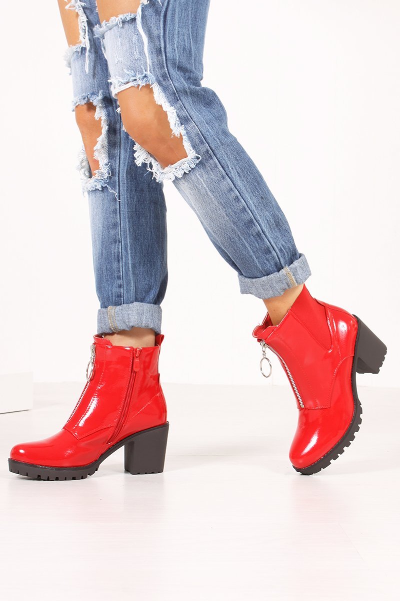 Phoebe Red High Shine Zip Detail Block Heeled Ankle Boots