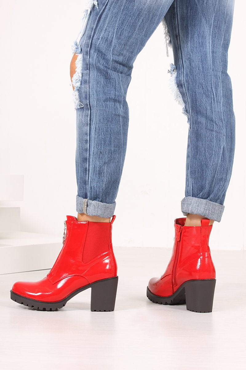 Phoebe Red High Shine Zip Detail Block Heeled Ankle Boots