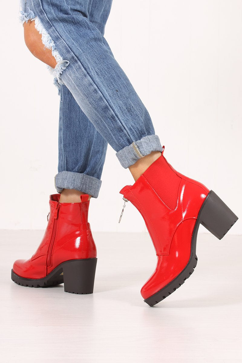 Phoebe Red High Shine Zip Detail Block Heeled Ankle Boots