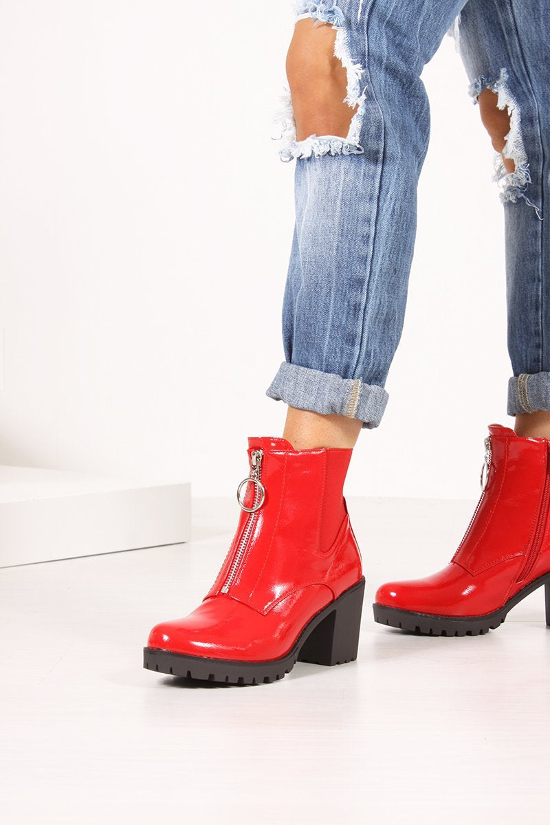 Phoebe Red High Shine Zip Detail Block Heeled Ankle Boots