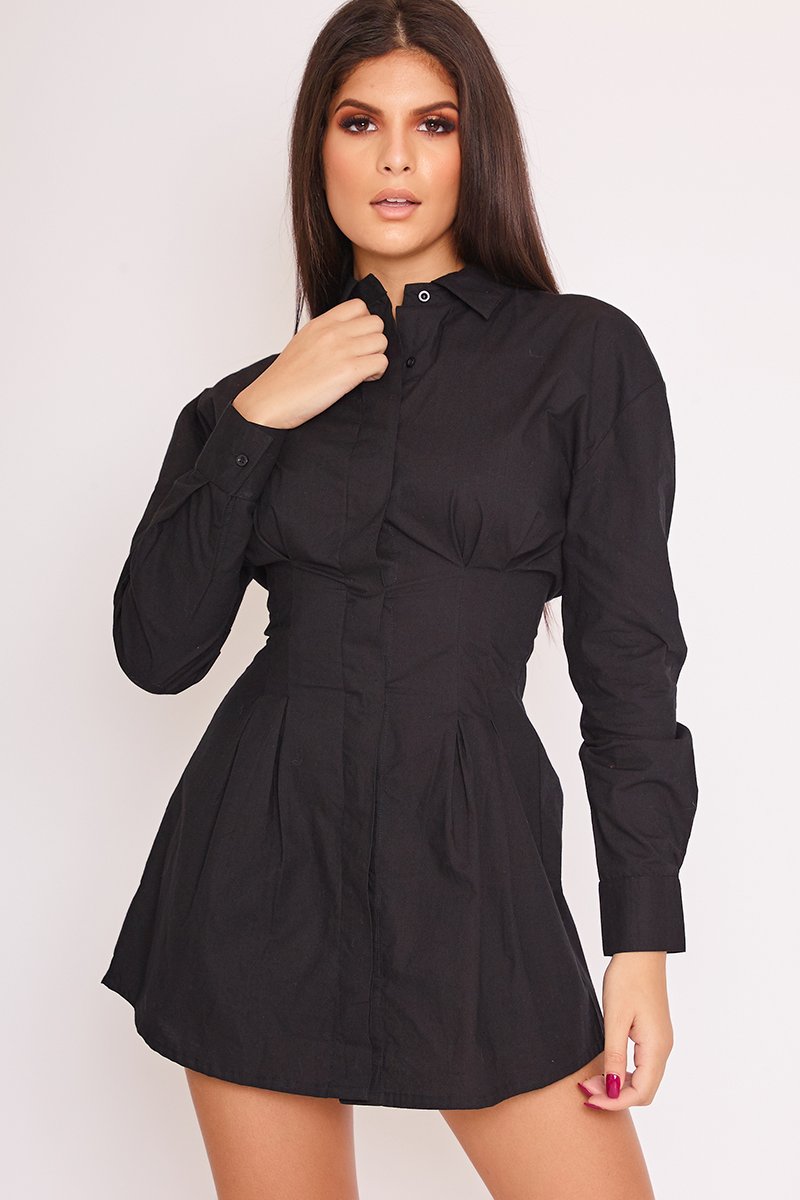 Pia Black Darted Tight Waist Shirt Dress