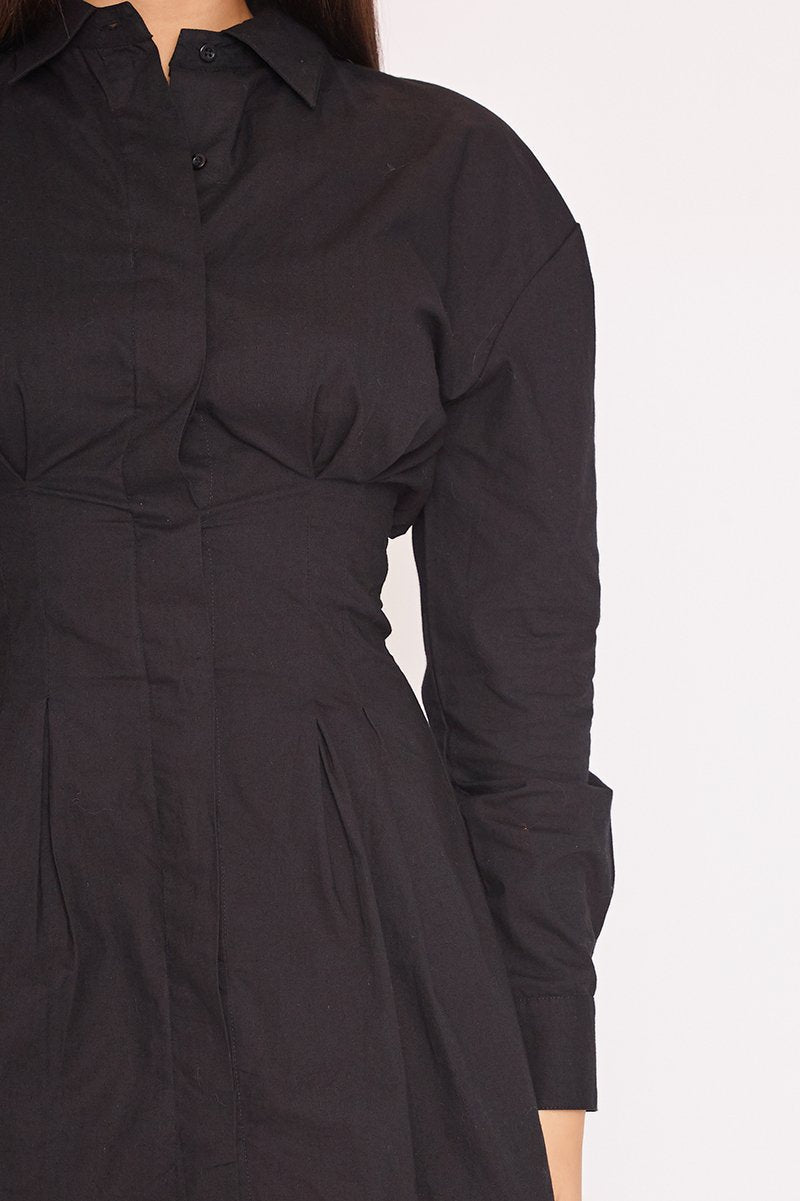 Pia Black Darted Tight Waist Shirt Dress