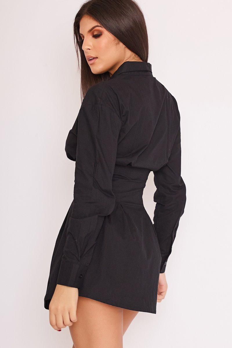 Pia Black Darted Tight Waist Shirt Dress