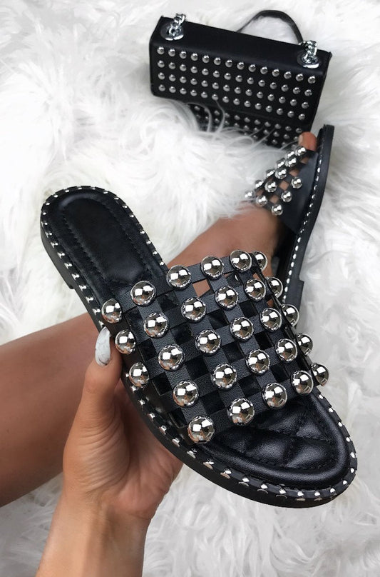 Piper Black Stud Slider Sandals With Silver Detail