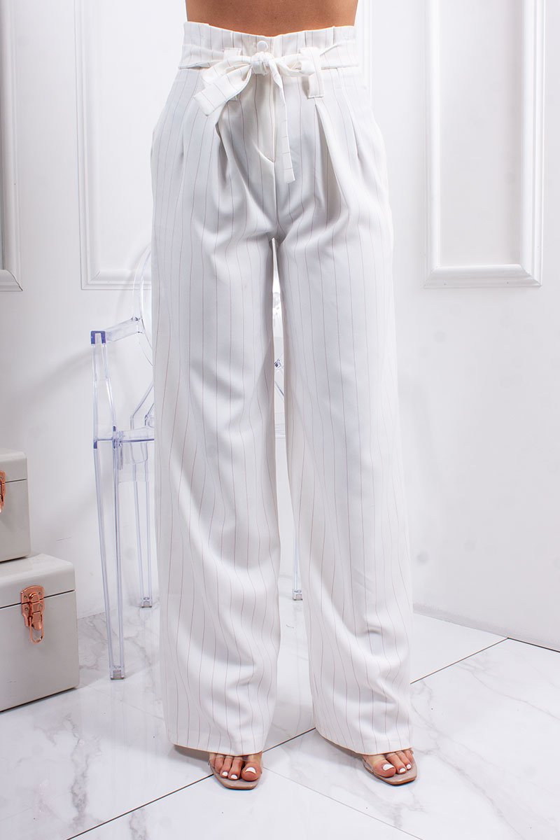 Piper Cream Pinstriped Button Front Belted Wide Leg Trousers