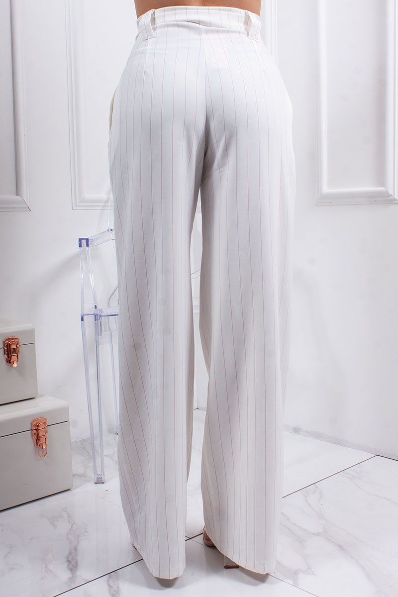 Piper Cream Pinstriped Button Front Belted Wide Leg Trousers