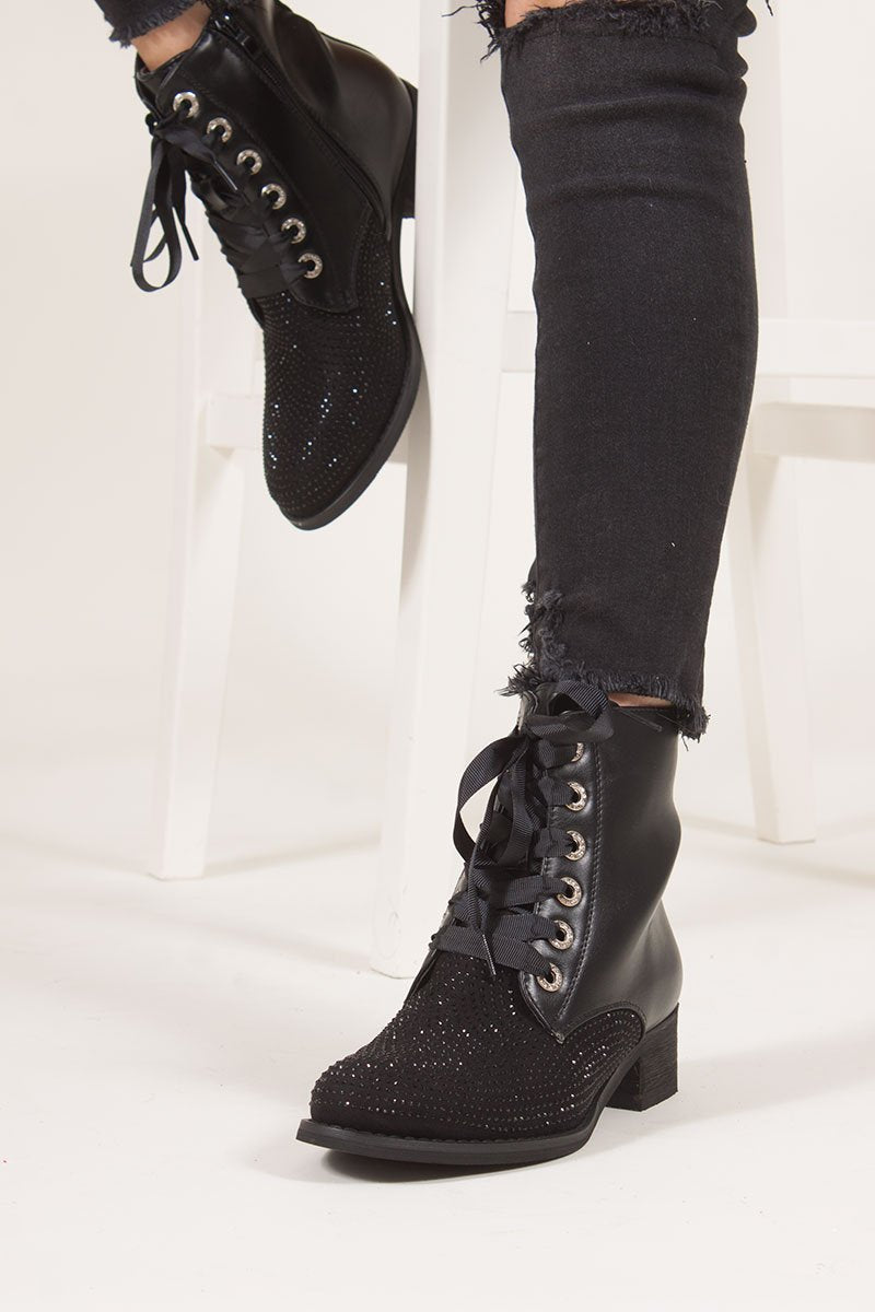 Pippa Black Diamante Toe Ankle Boots