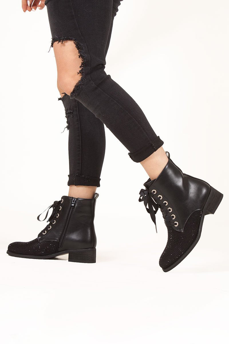 Pippa Black Diamante Toe Ankle Boots