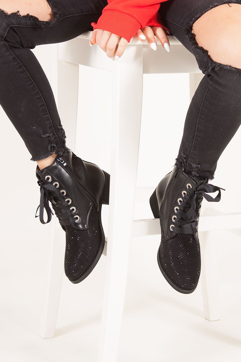 Pippa Black Diamante Toe Ankle Boots