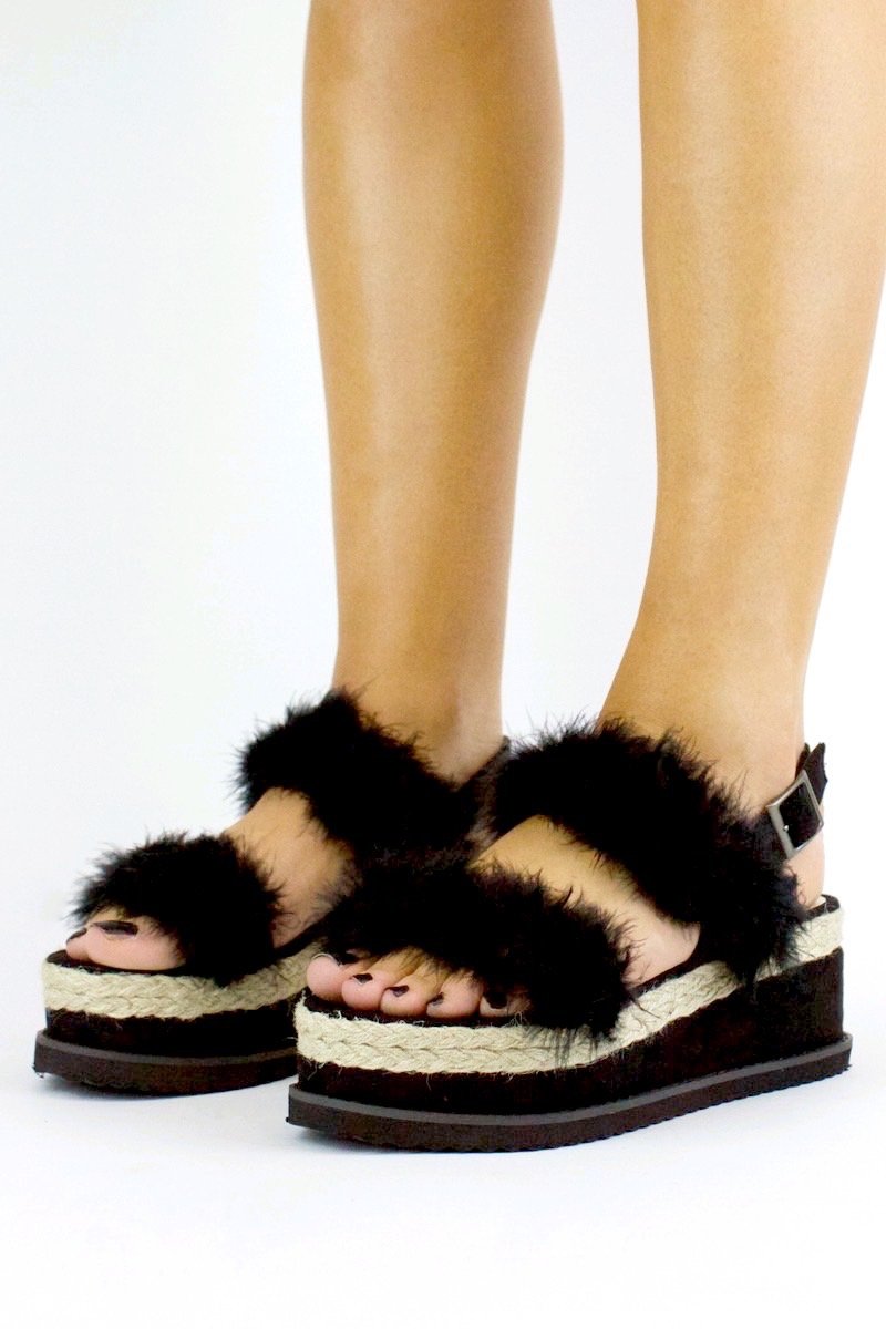 Poppy Black Fluffy Flatform Sandal