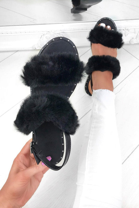 Poppy Black Fluffy Stud Sandals