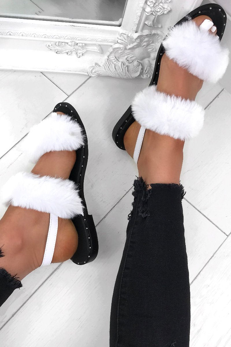 Poppy White Fluffy Stud Sandals