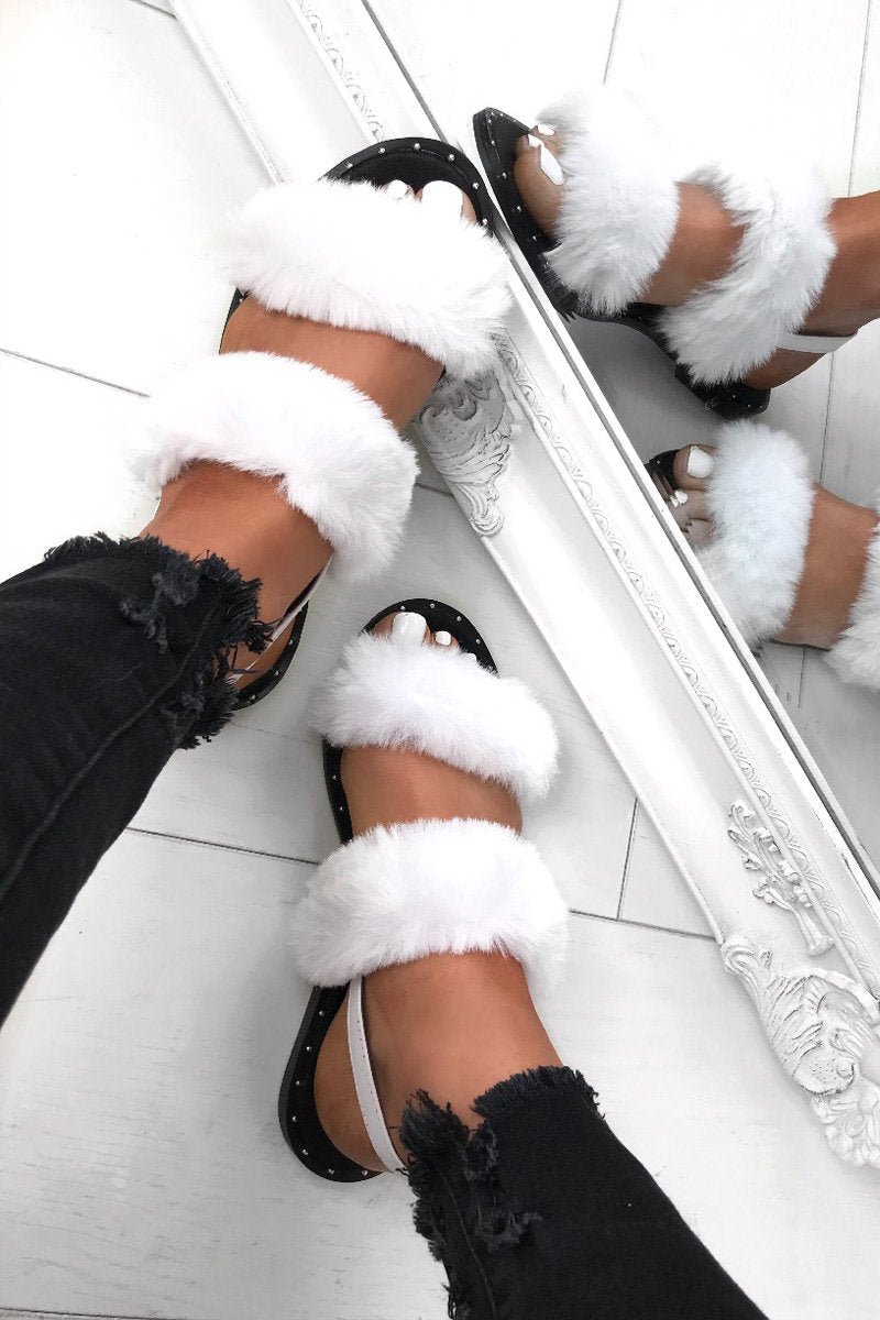 Poppy White Fluffy Stud Sandals